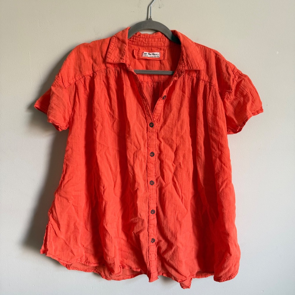 Free People We The Free Orange Oversized Cotton Gauze Button Down Shirt XS
